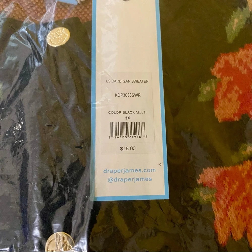 Draper James New Size 1X Long Sleeve Cardigan Black Red Floral Southern Inspired